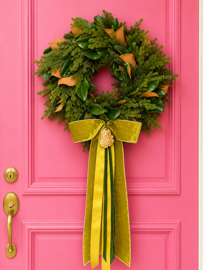 Blanc Box × Seasonal Home Stylist Heritage Magnolia Wreath & Bow- Chartreuse Velvet