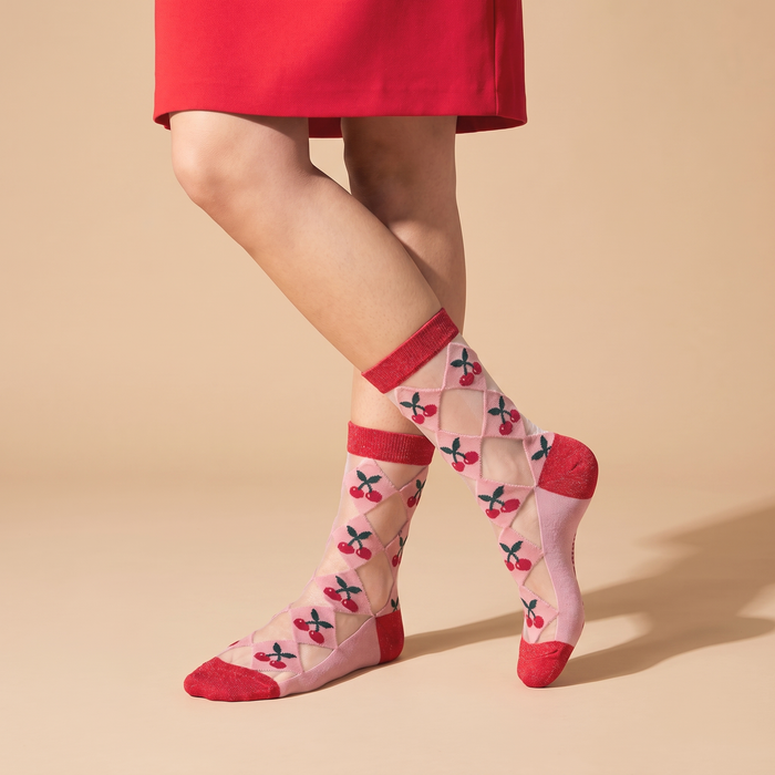 Cherry Sheer Socks in Red/Soft Pink - Precious Sparkle