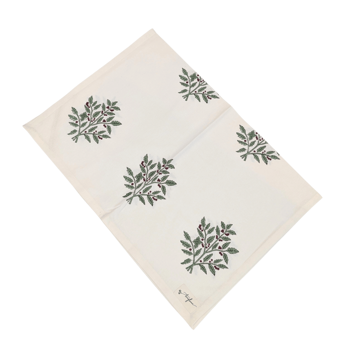 Christmas Holly Block Printed Cotton Tea Towel - Precious Sparkle