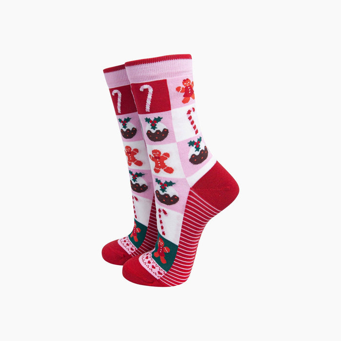 Christmas Sweets Squares Women's Bamboo Socks in Pink/Red - Precious Sparkle