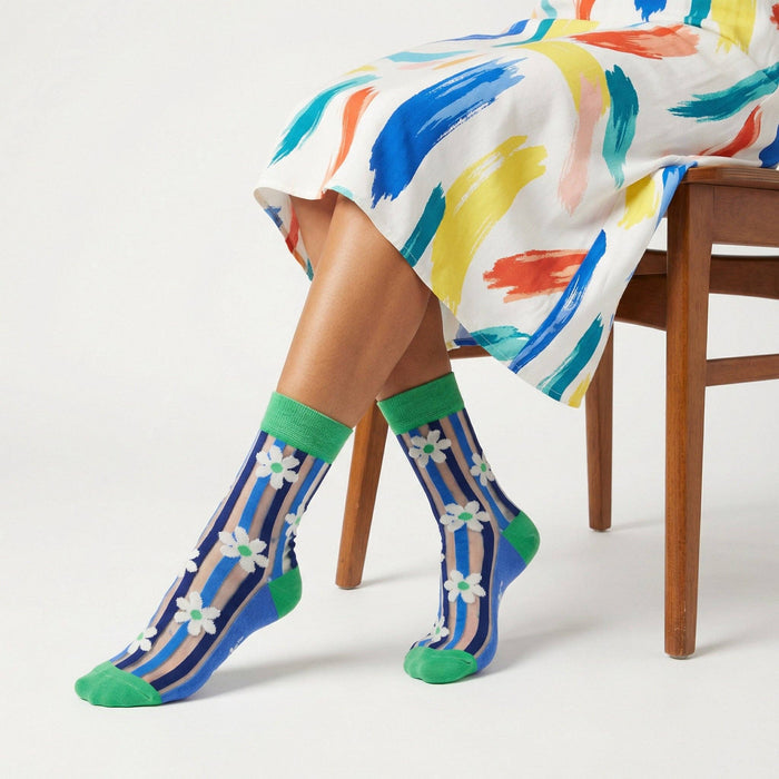 Daisy Stripes Combed Cotton Sheer Pop Socks in Green - Precious Sparkle