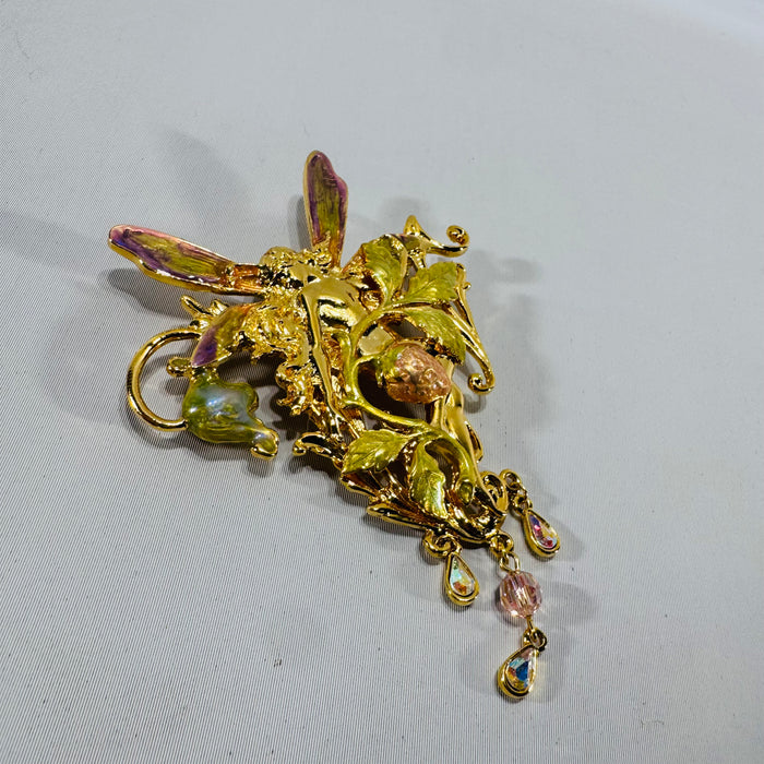 Kirk’s Folly “Strawberry Queen” Fairy Brooch Pendant (Convertible) – Gold Tone Enamel Wings, AB Crystal Dangle Charms