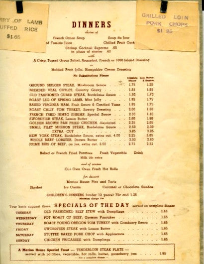 Marino House 1940's menu