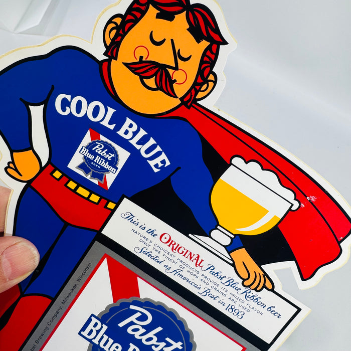 Vintage Pabst Blue Ribbon "Cool Blue" Superhero Die-Cut sticker — PBR Breweriana Advertising Display, Pabst Brewing Company Milwaukee Wisconsin