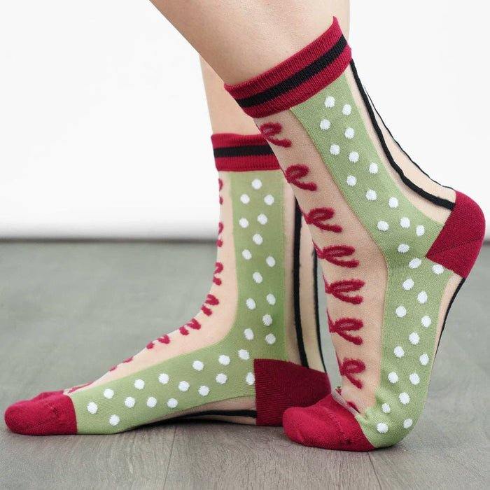 Women's Sheer Ankle Socks Green/Red Stripe & Bow - Precious Sparkle