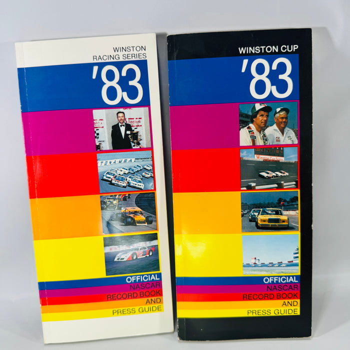 Two 1983 official NASCAR Record Book and Press Guide volumes (Winston Cup and Winston Racing Series) with bold striped covers and interior stat pages.
