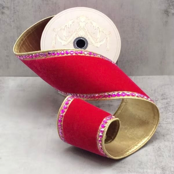 4" x 5yds velvet matching jewel side trim gold back, hot pink