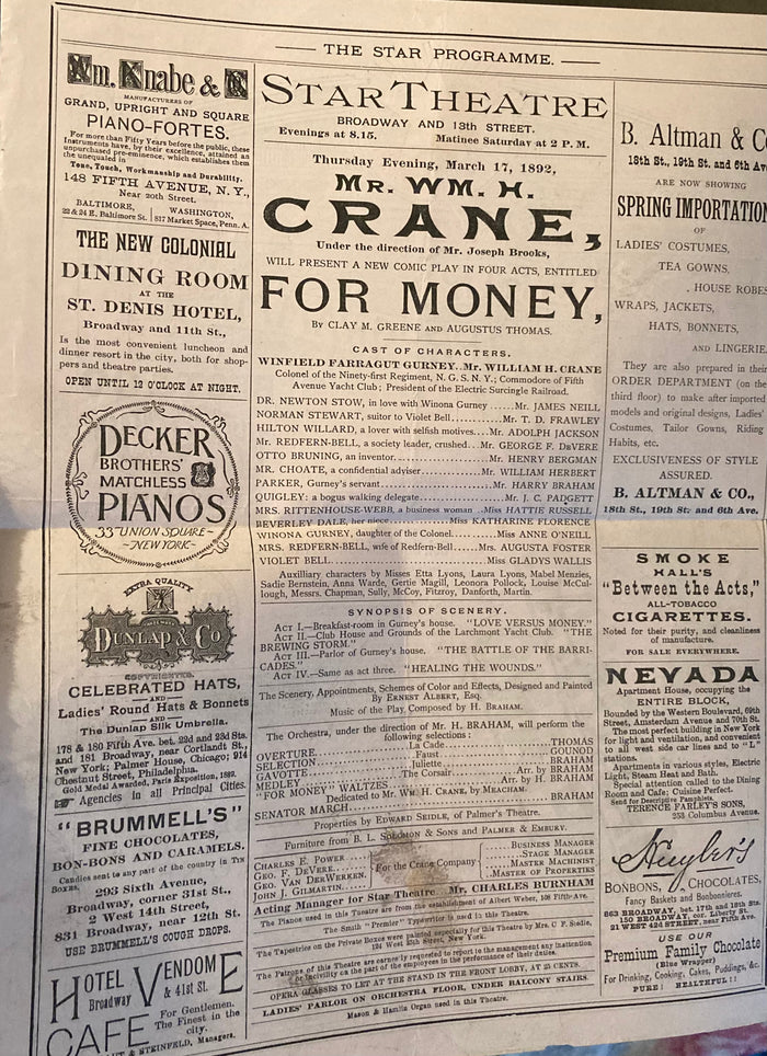 Palmer's Theatre, NY. "For Money." March 17, 1892.