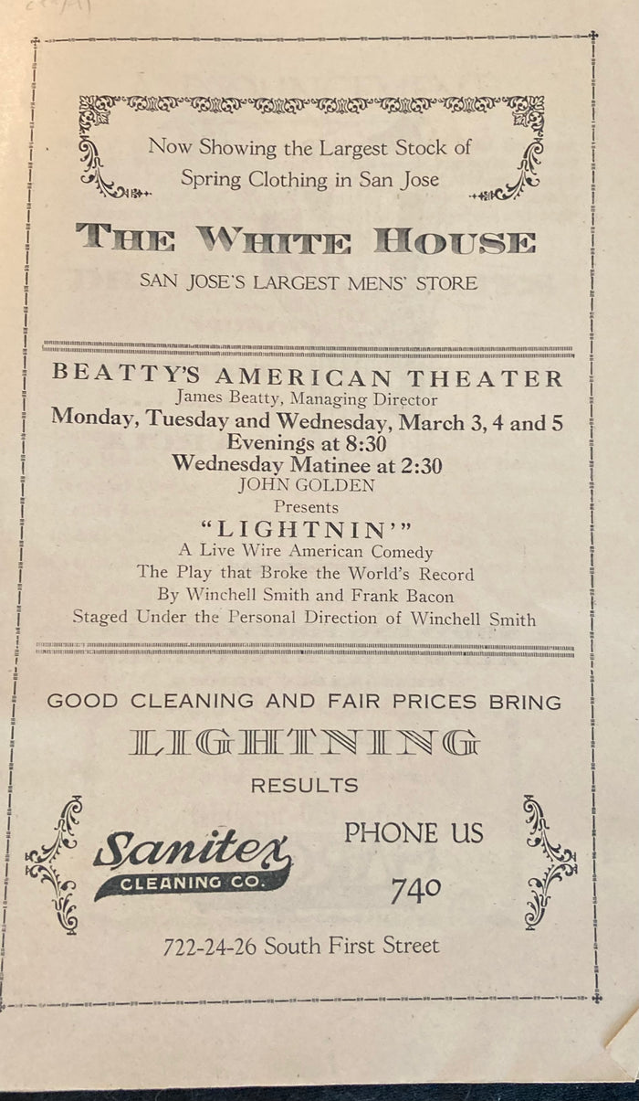 American Theatre, San Jose CA. "Lightnin'." March 6, 1924.
