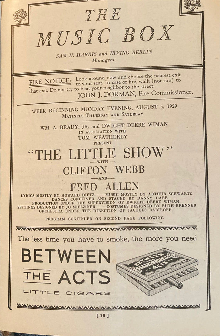 The Music Box, NY. "The Little Show." August 5, 1929.