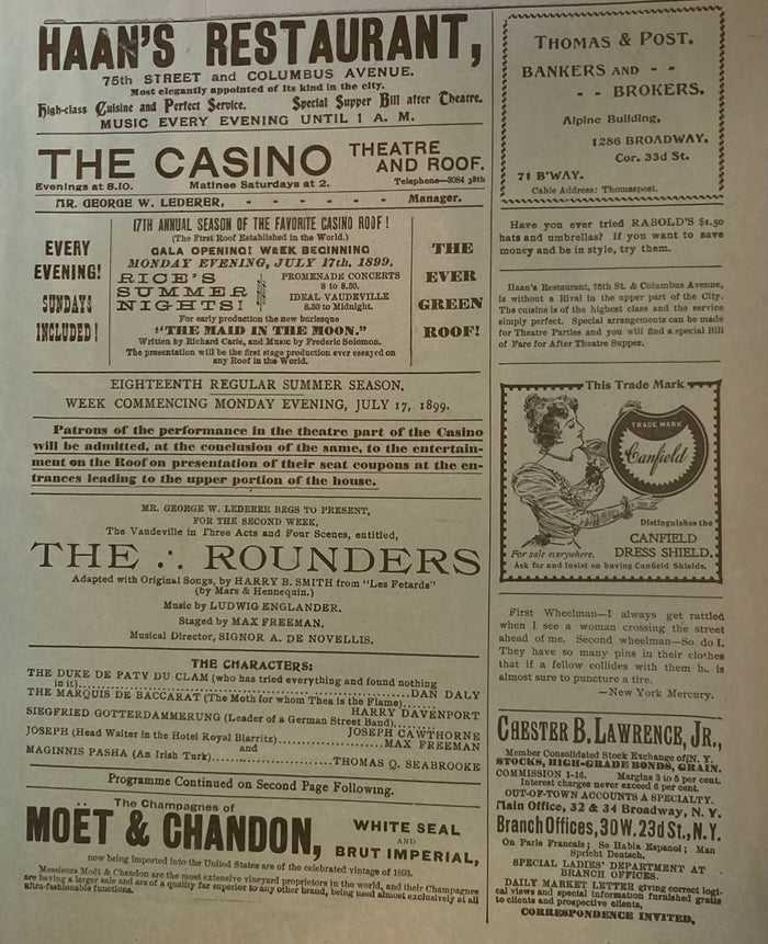 Casino Theatre, NY. "The Rounders." July 17, 1899.
