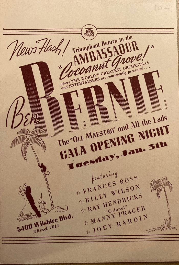 (Ambassador Hotel - Cocoanut Grove) Table Card Announcement. Ben Bernie. Tuesday, January 5, 1943.