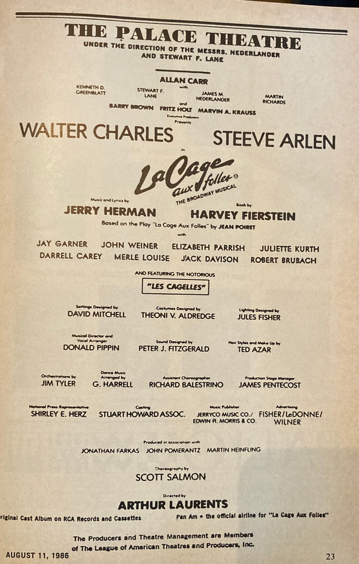 Palace Theatre, NY. "La Cage aux Folles." Aug. 1986.