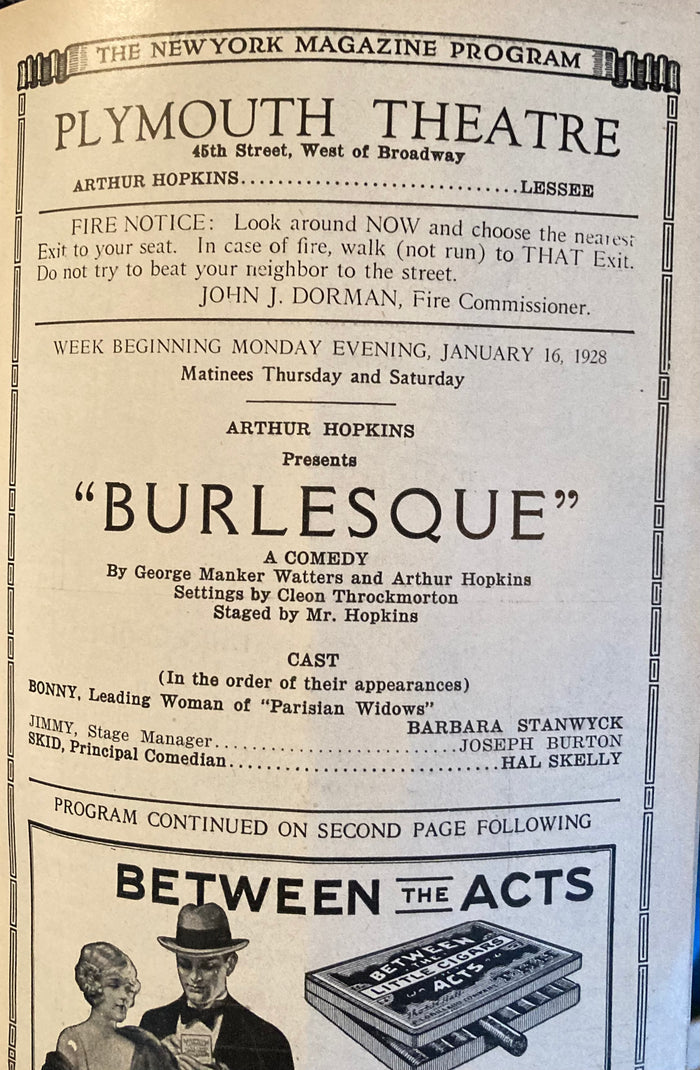 Plymouth Theatre, NY. "Burlesque." Starring Barbara Stanwyck. Jan. 16, 1928.