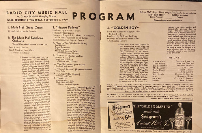 Showplace. The Magazine of Radio City Music Hall, NY. Vol. 3, No. 36. Program includes 3 musical pieces followed by the film, "Golden Boy." Sept. 7, 1939.