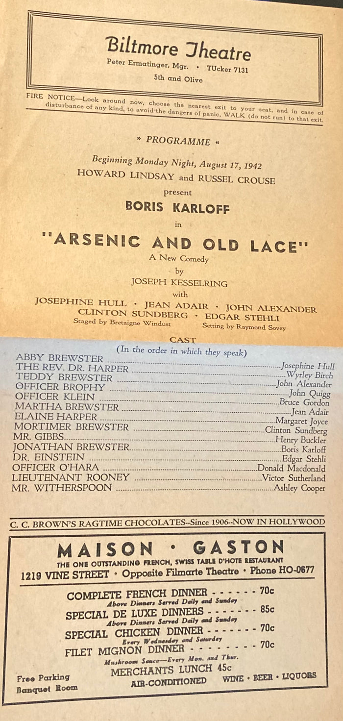 (Starring Boris Karloff) Biltmore Theatre, Los Angeles. Aug. 17, 1942.
