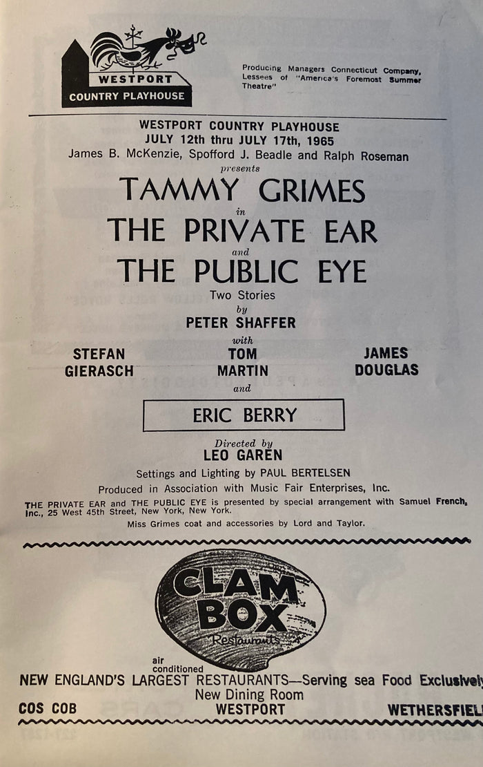 Westport Country Playhouse, CT. "The Private Ear and The Public Eye." July 12th, 1965.