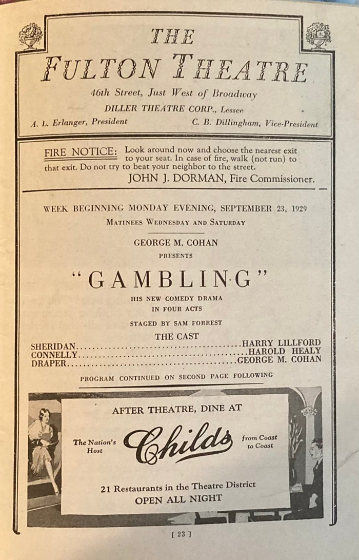 George M. Cohan's "Gambling." Fulton Theatre, NY. Sept. 23, 1929.