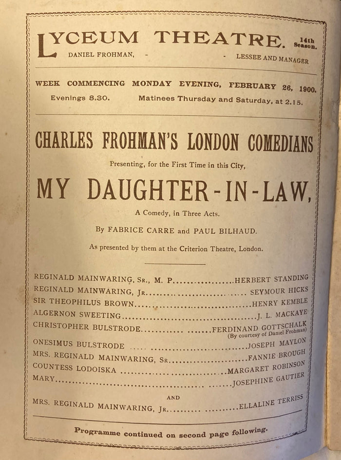 Lyceum Theatre, NY. "My Darling Daughter-in-Law." Feb. 26, 1900.