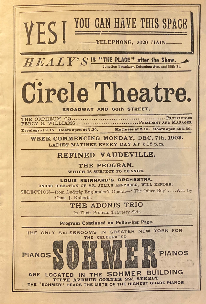 The Circle Theatre, NY. "Refined Vaudeville." Dec. 7, 1908.