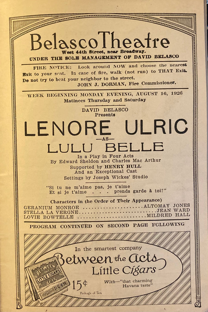 Belasco Theatre, NY. Lenore Ulric starring in "Lulu Belle." Aug. 16, 1926.