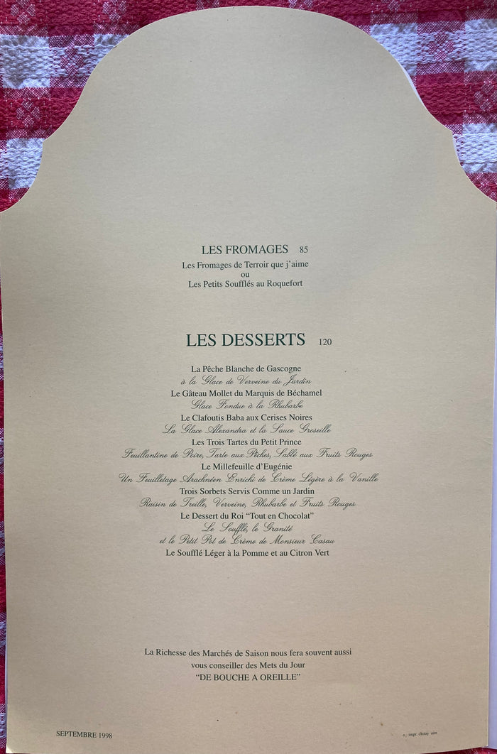 Menu - Autographed by Michel Guerard. 1998.