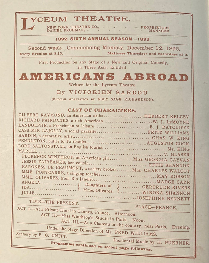 The Lyceum Theatre, NY. "Americans Abroad." Dec. 12, 1892.