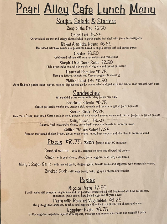 (Santa Cruz) Pearl Alley Cafe Lunch Menu. N.d., (ca. 1980s.)