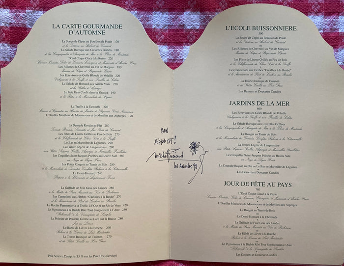 Menu - Autographed by Michel Guerard. 1998.