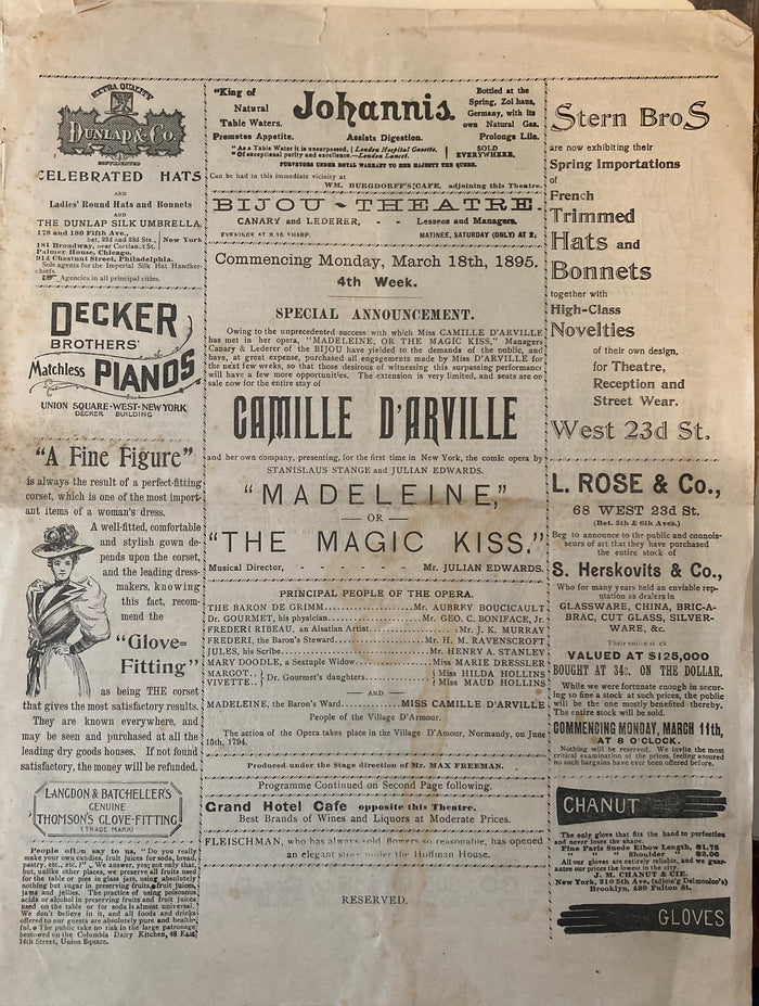 Bijou Theatre, NY. "Madeleine or The Magic Kiss." Starring Camille D'Arville. March 18, 1895.