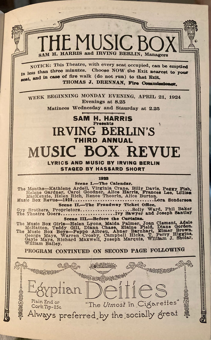 Irving Berlin's 3rd Annual Music Box Revue. April 21, 1924. NY.