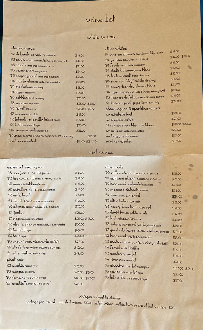 (Santa Cruz, CA) Ostrich Grill. Menu and Wine List. (N. d., 1990s.)