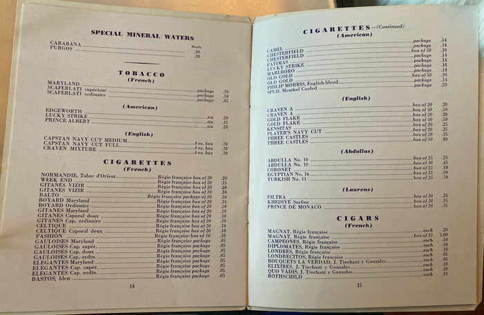 Carte des Vins. Cigar related... (1938)