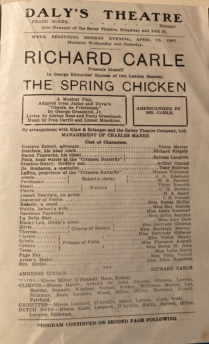 Daly's Theater, NY. "The Spring Chicken. April 15, 1907.