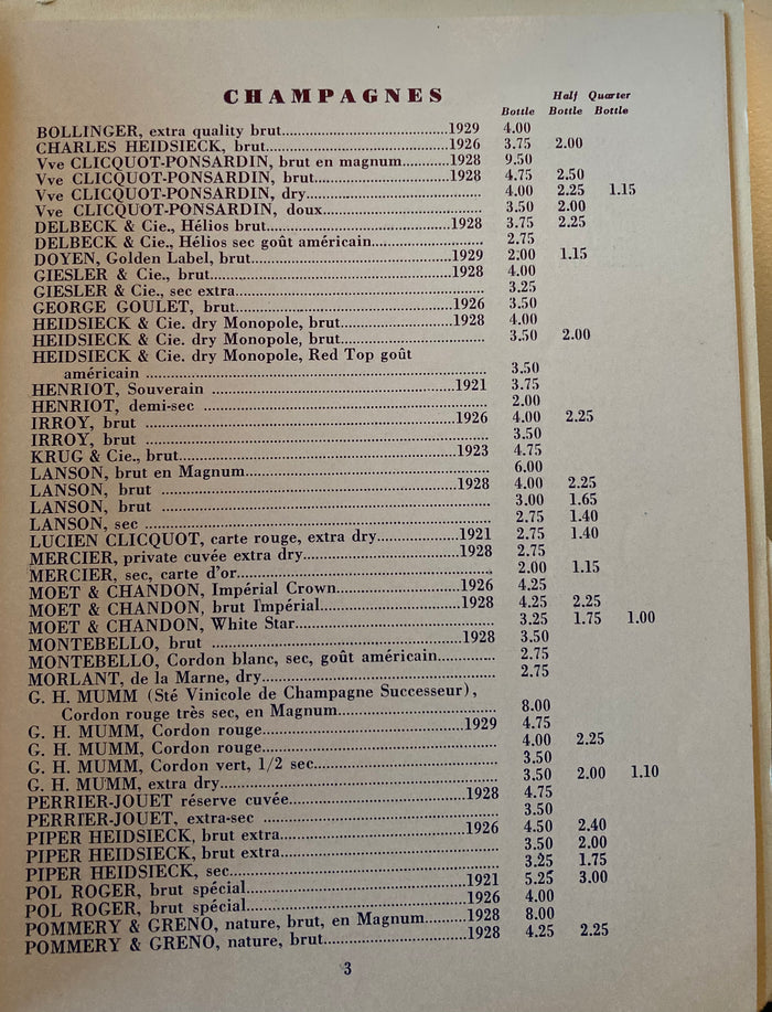 Carte des Vins. Cigar related... (1938)
