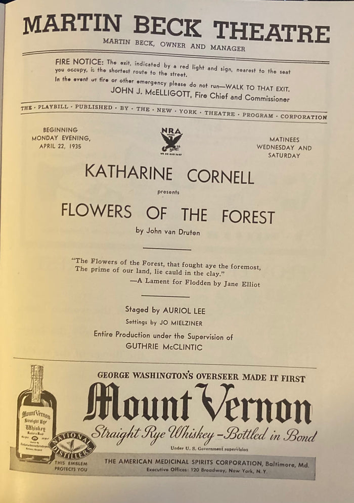 Martin Beck Theatre, NY. Katharine Cornell in "Flowers of the Forest." April 22, 1935.