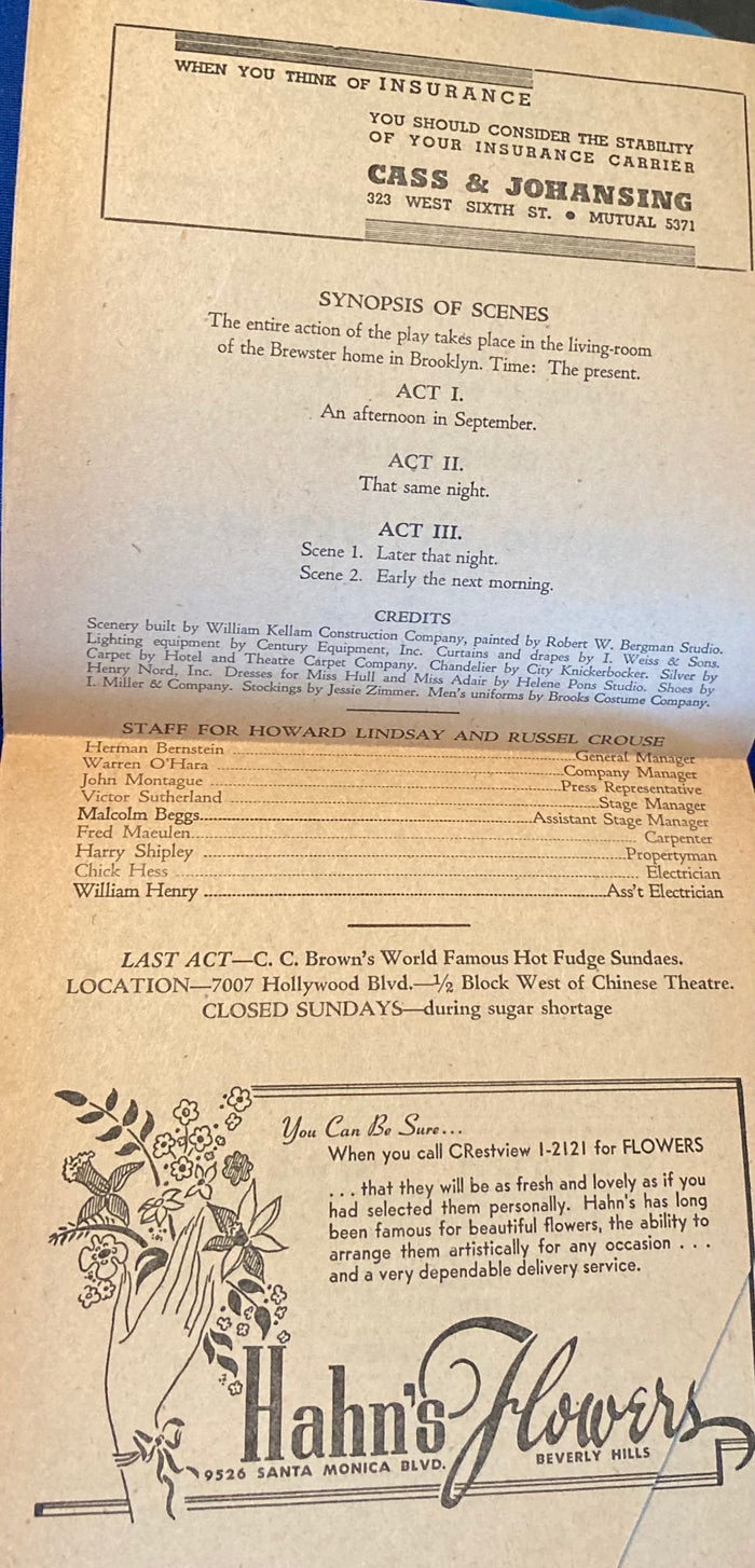 (Starring Boris Karloff) Biltmore Theatre, Los Angeles. Aug. 17, 1942.