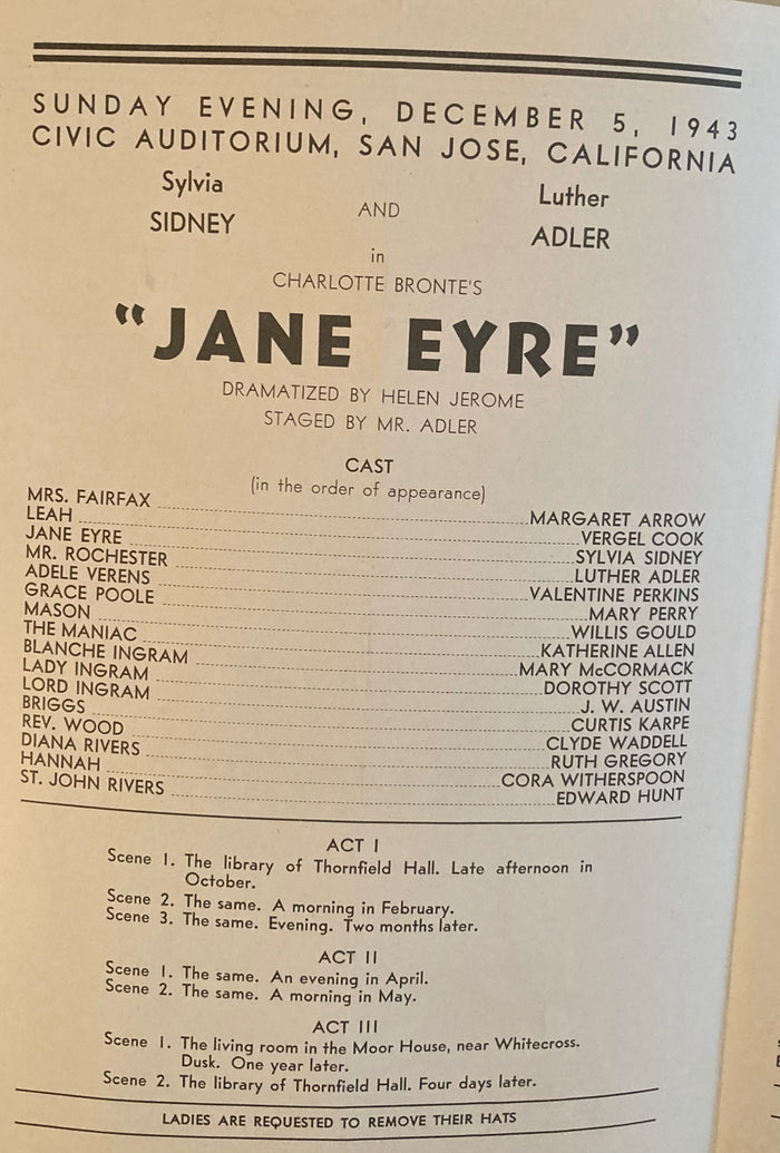 (San Jose, CA) Civic Auditorium. "Jane Eyre." Dec. 5, 1943. With Sylvia Sidney.