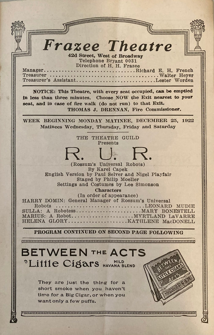 Frazee Theatre, NY. "R. U. R. (Rossum's Universal Robots.)" Dec. 25, 1922.