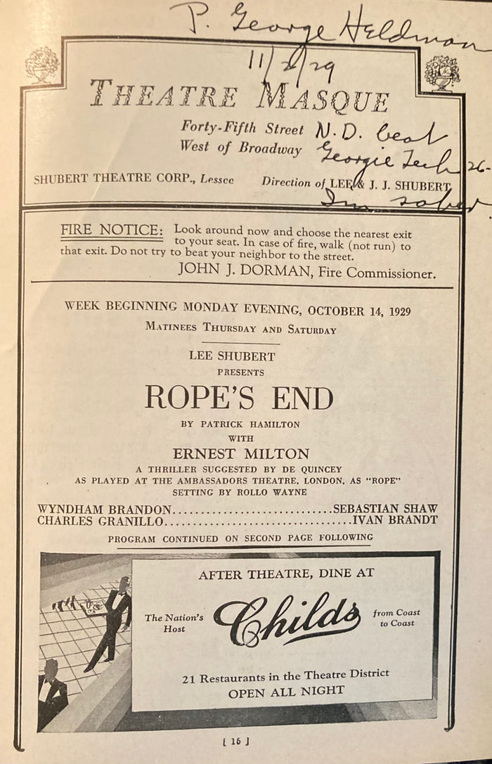 Theatre Masque, NY. "Rope's End." Oct. 14, 1929. (Hitchcock association)