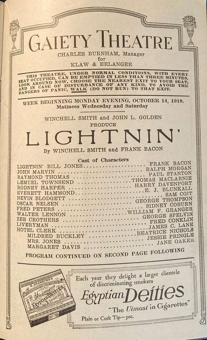 Gaiety Theatre, NY. "Lightnin'. " Starring Frank Bacon. Oct. 14, 1918.