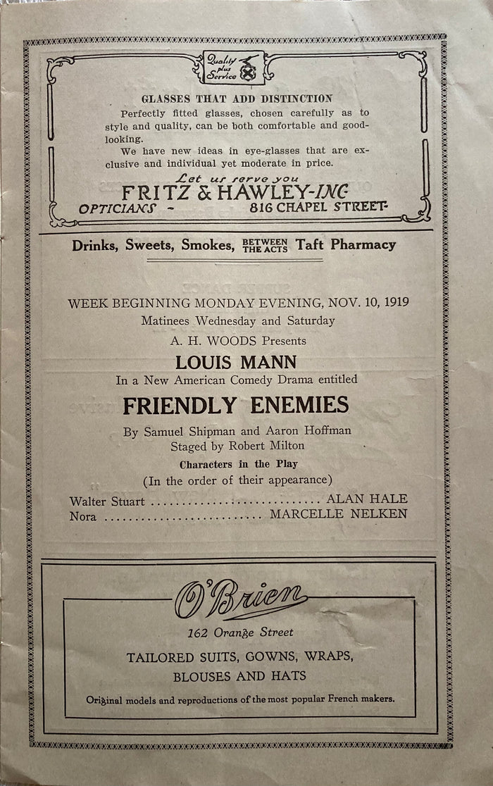 Shubert Theatre, New Haven, CT. "Friendly Enemies." Nov. 10, 1919.