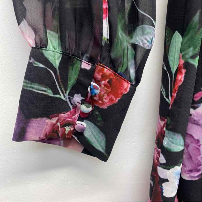 Alex Marie Size 12-L Women's Black-Multi Floral Button Up Dress