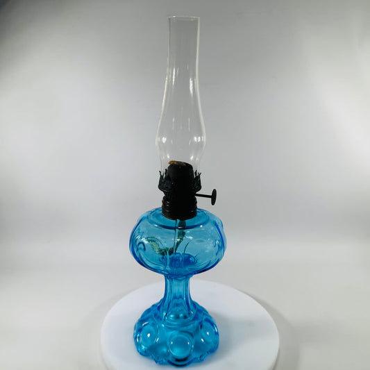 Antique Blue Miniature Kerosene Lamp w Chimney, Daisy Bullseye Glass Oil Lamp, Small Night Light,