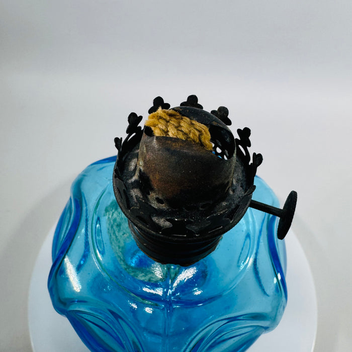 Antique Blue Miniature Kerosene Lamp w Chimney, Daisy Bullseye Glass Oil Lamp, Small Night Light,