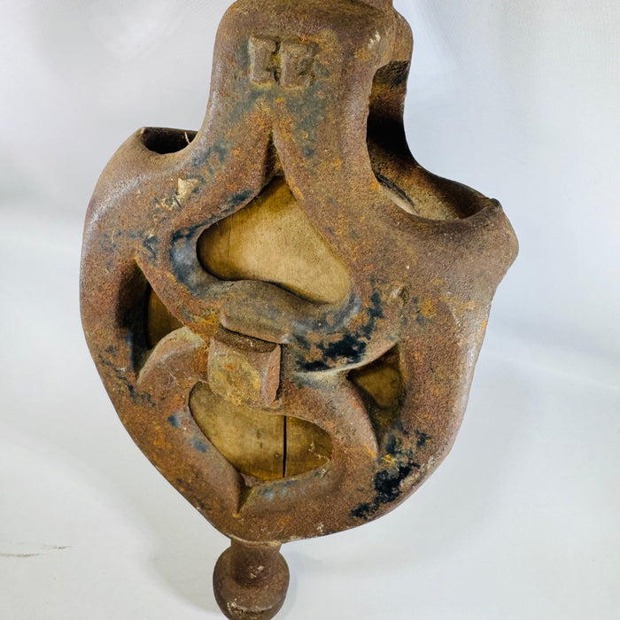 Antique Cast Iron Barn Pulley with Wooden Wheel, 1800s Farm Equipment