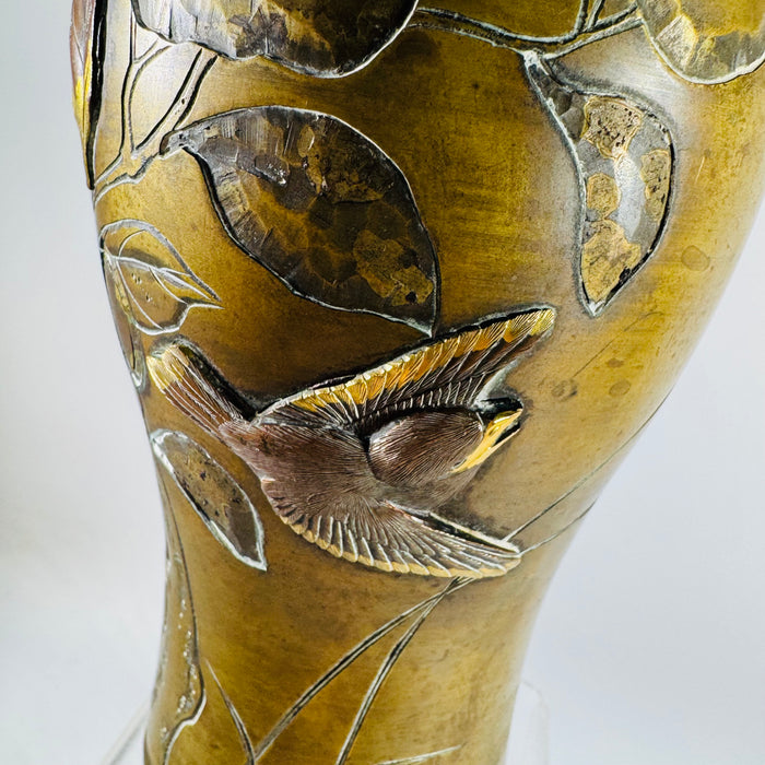 Antique Meiji Japanese Mixed Metal Bronze Vase Bird Floral Relief 7” Kacho-ga Art Metal Vase