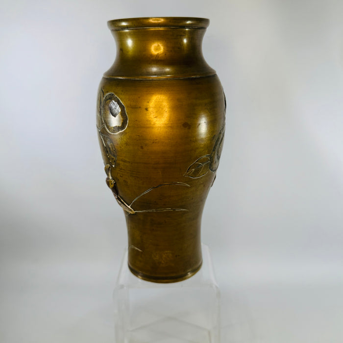Antique Meiji Japanese Mixed Metal Bronze Vase Bird Floral Relief 7” Kacho-ga Art Metal Vase
