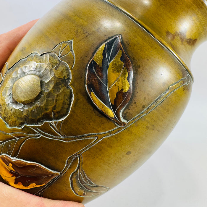 Antique Meiji Japanese Mixed Metal Bronze Vase Bird Floral Relief 7” Kacho-ga Art Metal Vase