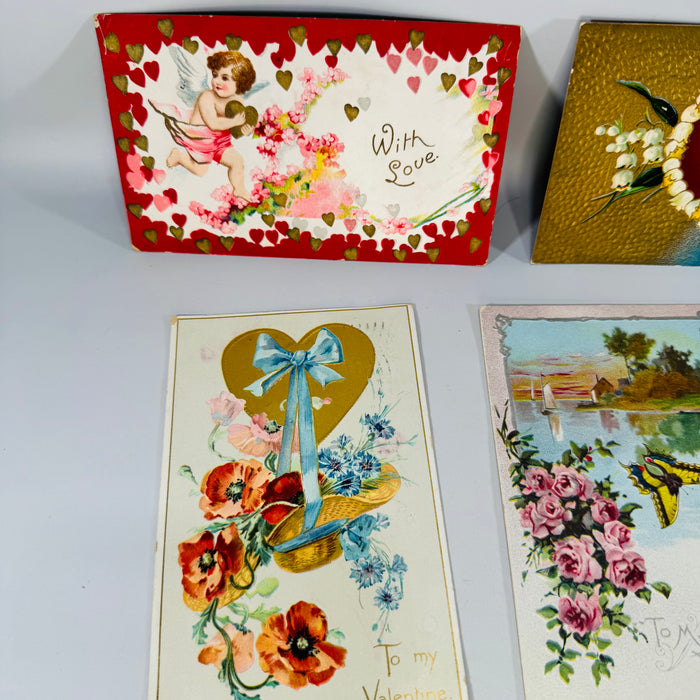 Antique Valentine Postcard Lot of 6 | Embossed Cupid Floral | Raphael Tuck & Germany Print | 1905–1912 Vintage Ephemera